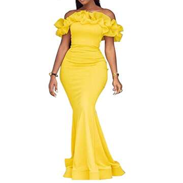 Cololura Sexy Floor-Length Off Shoulder Ruffles Stringy Selvedge Mermaid Bodycon Party Evening Maxi Dress Black