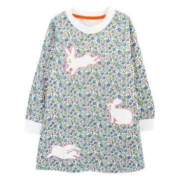 Joketiger Toddler Girls Long Sleeve Dress Applique Cotton Casual Playwear Party Rabbits Tunic Dress