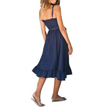 Fashiomo Women's Spaghetti Strap Ruffle Midi Flared Dress Sleeveless Tie Waist Dress Navy Blue,M