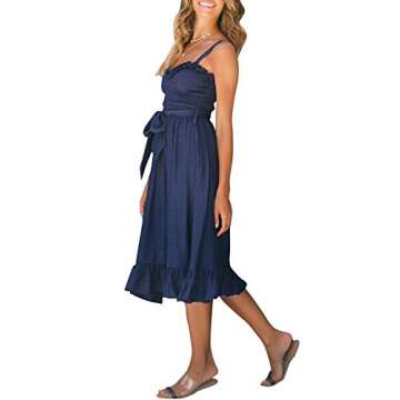 Fashiomo Women's Spaghetti Strap Ruffle Midi Flared Dress Sleeveless Tie Waist Dress Navy Blue,M