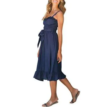 Fashiomo Women's Spaghetti Strap Ruffle Midi Flared Dress Sleeveless Tie Waist Dress Navy Blue,M