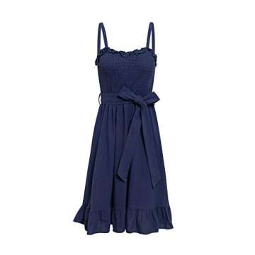 Fashiomo Women's Spaghetti Strap Ruffle Midi Flared Dress Sleeveless Tie Waist Dress Navy Blue,M