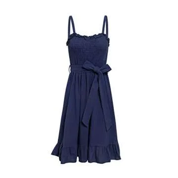 Fashiomo Women's Spaghetti Strap Ruffle Midi Flared Dress Sleeveless Tie Waist Dress Navy Blue,M