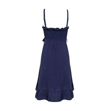 Fashiomo Women's Spaghetti Strap Ruffle Midi Flared Dress Sleeveless Tie Waist Dress Navy Blue,M
