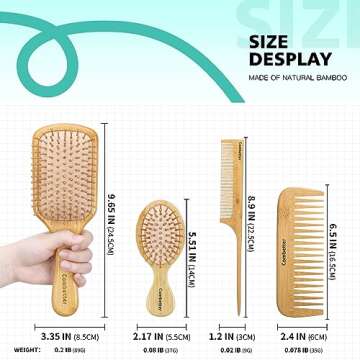 Combetter 100% Bamboo Hair Brushes and Comb Set - Comb for Women and Detangling, Great on All Hair, Eco-Friendly and Handmade for Women Men and Kids