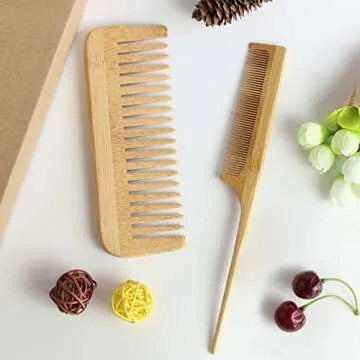 Combetter 100% Bamboo Hair Brushes and Comb Set - Comb for Women and Detangling, Great on All Hair, Eco-Friendly and Handmade for Women Men and Kids