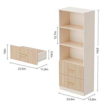 Housoul Oak Bookshelf with Drawers, 63" Tall Bookshelf with Storage, 3 Shelf Bookcase with Adjustabl...