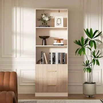 Housoul Oak Bookshelf with Drawers, 63" Tall Bookshelf with Storage, 3 Shelf Bookcase with Adjustable Shelf, 3 Tier Modern Bookshelf, Open Shelves Bookcase, Unique Bookshelf Home Office, Oak
