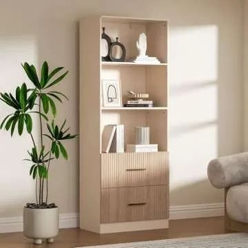Housoul Oak Bookshelf with Drawers, 63" Tall Bookshelf with Storage, 3 Shelf Bookcase with Adjustable Shelf, 3 Tier Modern Bookshelf, Open Shelves Bookcase, Unique Bookshelf Home Office, Oak