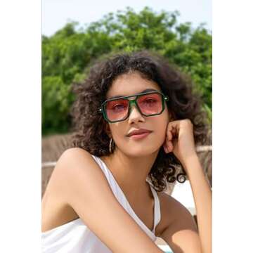 BUTABY Retro Square 70s Flat Aviator Sunglasses Women Men Vintage Trendy Plastic Frame Sun Glasses UV400 Protection Tortoise & Green Pink