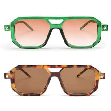 BUTABY Retro Square 70s Flat Aviator Sunglasses Women Men Vintage Trendy Plastic Frame Sun Glasses UV400 Protection Tortoise & Green Pink
