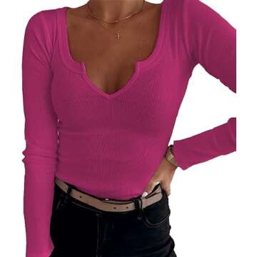 iGENJUN Long Sleeve Tops Womens Long Sleeve Sexy V-Neck Ribbed Knit Fitted Casual Tops Tee Slim Spring Basic Shirts,Berry,S