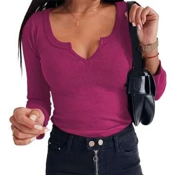 iGENJUN Long Sleeve Tops Womens Long Sleeve Sexy V-Neck Ribbed Knit Fitted Casual Tops Tee Slim Spring Basic Shirts,Berry,S