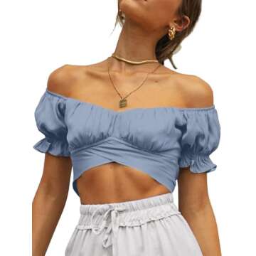 LYANER Women's Ruffle Short Sleeve Tie Up Back Crop Top Off Shoulder Bardot Blouse