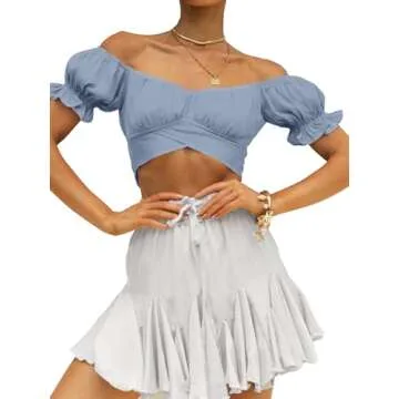 LYANER Women's Ruffle Short Sleeve Tie Up Back Crop Top Off Shoulder Bardot Blouse