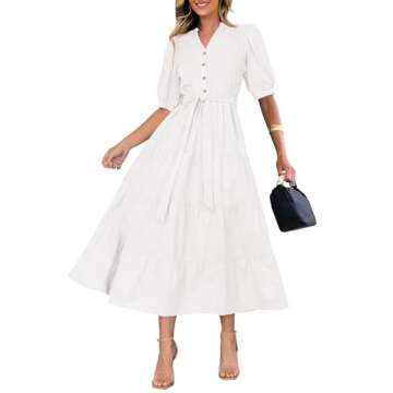 PRETTYGARDEN Women's Summer Midi Dress 2025 Casual Short Sleeve V Neck Buttons Belted Ruffle A Line ...