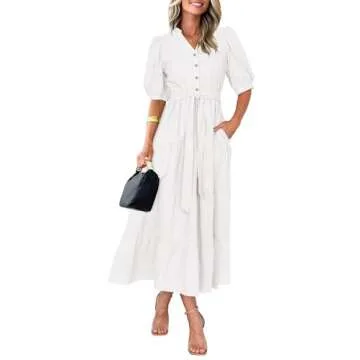 PRETTYGARDEN Women's Summer Midi Dress 2025 Casual Short Sleeve V Neck Buttons Belted Ruffle A Line Flowy Dress with Pockets (White,Large)