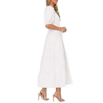 PRETTYGARDEN Women's Summer Midi Dress 2025 Casual Short Sleeve V Neck Buttons Belted Ruffle A Line Flowy Dress with Pockets (White,Large)