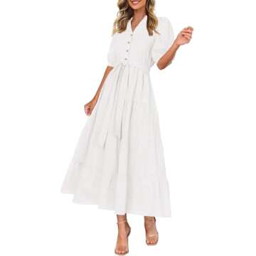PRETTYGARDEN Women's Summer Midi Dress 2025 Casual Short Sleeve V Neck Buttons Belted Ruffle A Line Flowy Dress with Pockets (White,Large)