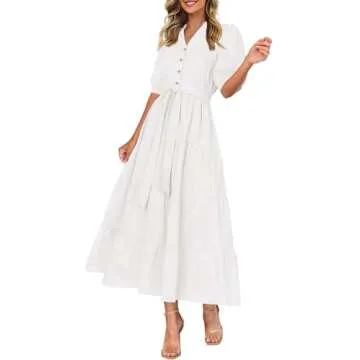 PRETTYGARDEN Women's Summer Midi Dress 2025 Casual Short Sleeve V Neck Buttons Belted Ruffle A Line Flowy Dress with Pockets (White,Large)