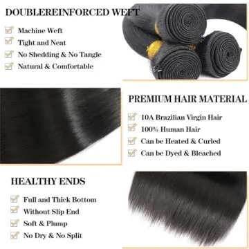 Luxurious 12A Straight Human Hair Bundles with Frontal Closure (14 16 18+) - 100% Unprocessed Brazil...
