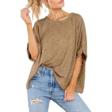Langwyqu Womens Tops Oversized Tshirts Summer Short Sleeve T Shirts Business Casual Loose Fit Basic Tees Spring Fall Fashion Trendy Clothes 2025 Khaki