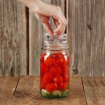 Fermentation Kit Premium Pack - 4 Fermenting Lids, 4 Fermentation Glass Weights With Easy Grip Holder, Pickle Packer, Pump, Easy Fermenter Wide Mouth Lid Kit, Turn Wide Mouth Mason Jar To Crock