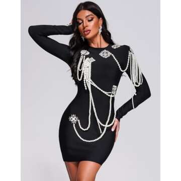 BELLA BARNETT Pearl Bodycon Dress Long Sleeve Birthday Dress Trendy Black Cocktail Dress Crew Neck Elagant Dress for Women Chain Party Dress Chic Date Night Dress