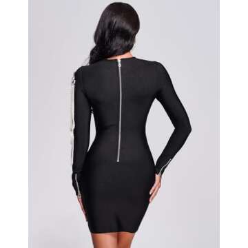 BELLA BARNETT Pearl Bodycon Dress Long Sleeve Birthday Dress Trendy Black Cocktail Dress Crew Neck Elagant Dress for Women Chain Party Dress Chic Date Night Dress