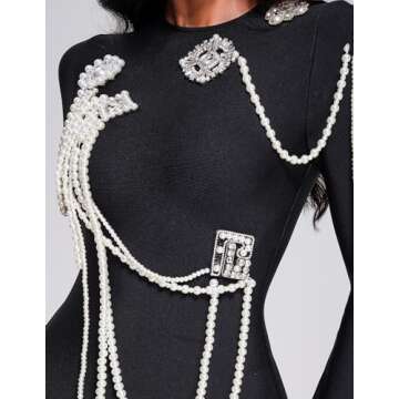 BELLA BARNETT Pearl Bodycon Dress Long Sleeve Birthday Dress Trendy Black Cocktail Dress Crew Neck Elagant Dress for Women Chain Party Dress Chic Date Night Dress
