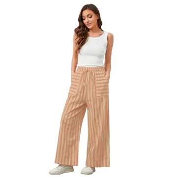 Ymejia Womens Wide Leg Striped Pants Loose Fit Drawstring Comfy High Waist Striped Lounge Pants with Pockets Red White