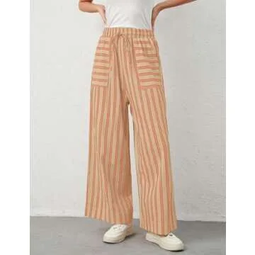 Ymejia Womens Wide Leg Striped Pants Loose Fit Drawstring Comfy High Waist Striped Lounge Pants with Pockets Red White