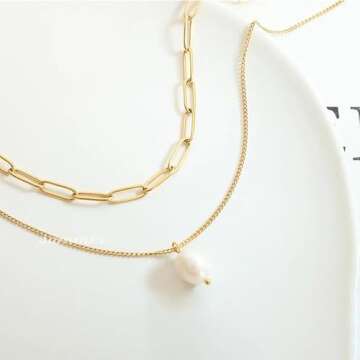 18K Gold-Plated Double-Layered Necklace with Natural Pearl Pendant - Elegant and Waterproof Jewelry