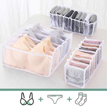 Pack of 4 Underwear Drawer Organizer Set- Foldable White Lace Underwear Storage Divider Boxes Includes 6/7/7/11 Cell Collapsible Closet Compartments for Socks Bras Ties Lingerie Scarves Organizing