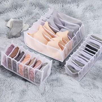 Pack of 4 Underwear Drawer Organizer Set- Foldable White Lace Underwear Storage Divider Boxes Includes 6/7/7/11 Cell Collapsible Closet Compartments for Socks Bras Ties Lingerie Scarves Organizing