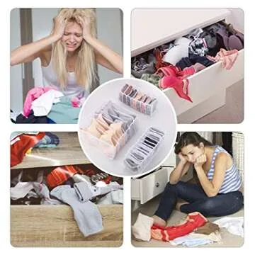 Pack of 4 Underwear Drawer Organizer Set- Foldable White Lace Underwear Storage Divider Boxes Includes 6/7/7/11 Cell Collapsible Closet Compartments for Socks Bras Ties Lingerie Scarves Organizing