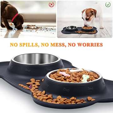VIVAGLORY Dog Bowls, Dog Food Bowls, Stainless Steel Cat Puppy Water Bowls with Non Spill Skid Resistant Silicone Mat, Medium, Black