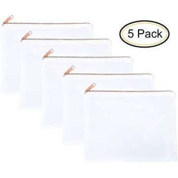 Blank Makeup Bags Bulk, 5 Pack, White 100% Polyester Cosmetic Bags With Rose Gold Zipper, Bulk Bags, Bulk Cosmetic Bags