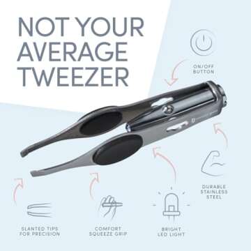 Tweezer Guru Pro Illuminating Eyebrow Tweezers for Women & Men Professional Stainless Steel Slanted Tweezers with LED Light Mirror Pouch Precision Tweezers for Brow Facial Hair Ingrown Hair Silver