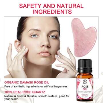 Gua Sha Facial Tools & Rose Gua Sha Oil in One Set, Rose Quartz Jade Stone Facial Skin Care Products to Reduces Puffiness Muscle and Promotes Blood Flow - with Nice Travel Pouch