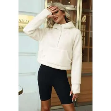 Womens Fleece Hoodies Half Zipper Sherpa Hooded Pullover Crop Long Sleeve Zip Up Jacket Coats Beige