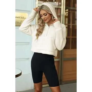 Womens Fleece Hoodies Half Zipper Sherpa Hooded Pullover Crop Long Sleeve Zip Up Jacket Coats Beige