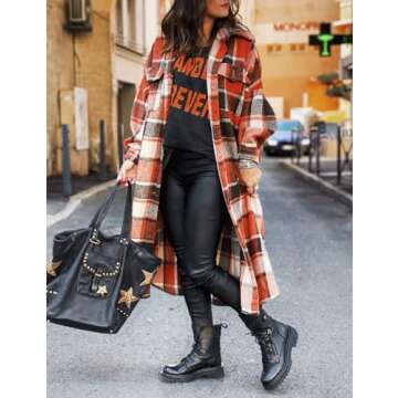 SKIKYAN Women Fall Flannel Plaid Shacket Jacket Oversized Button Down Long Shirt Jacket (Orange, X-L...