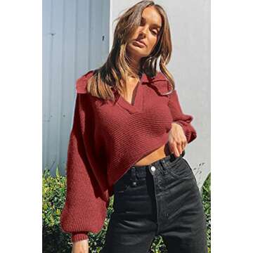 CHYRII Women's Stylish Polo V Neck Puff Sleeve Sweater