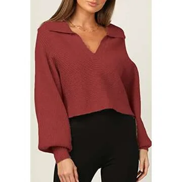 CHYRII Women's Stylish Polo V Neck Puff Sleeve Sweater