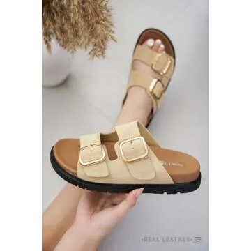 Project Cloud 100% Genuine Leather Slides for Women Platform Sandals Women Comfortable Summer Sandals Memory foam Insole Womens Slides with Straps - Casual Wear Womens Sandals (Sharl, Beige, 7)