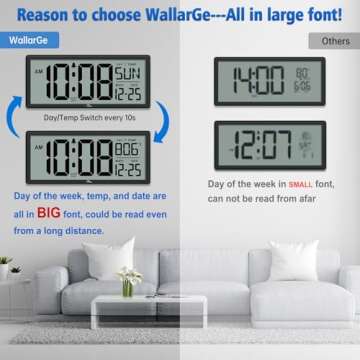 WallarGe 14.5'' Large Digital Wall Clock Battery Operated with Jumbo Numbers, Temperature and Date -...