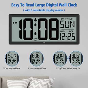 WallarGe 14.5'' Large Digital Wall Clock Battery Operated with Jumbo Numbers, Temperature and Date - Easy to Read and Set, Auto DST