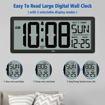 WallarGe 14.5'' Large Digital Wall Clock Battery Operated with Jumbo Numbers, Temperature and Date - Easy to Read and Set, Auto DST