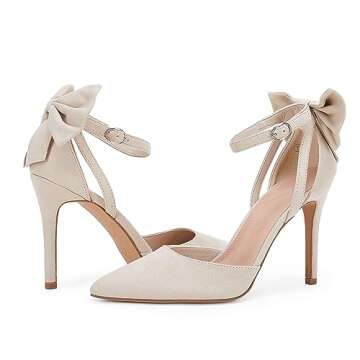 Womens Heels Bow Tie Back Sexy High Stiletto Ankle Strap Wedding Shoes Dress Sandals Pumps B-Beige